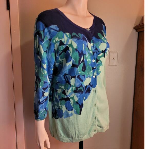 Isaac Mizrahi Seafoam Blue Floral Cotton Cardigan L Graphic Chic Lightweight - Picture 4 of 11